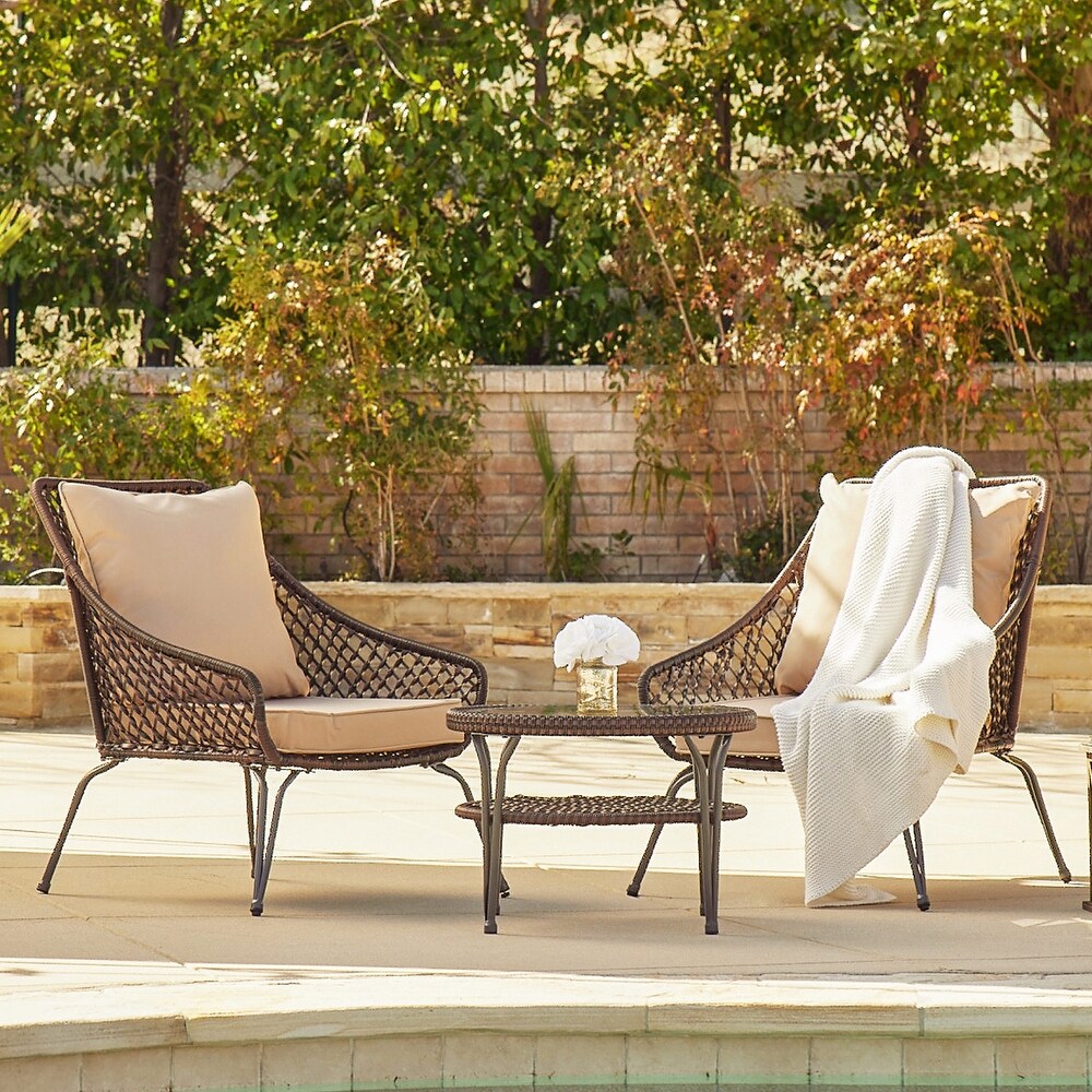 BELLEZE 3PCS Patio Set Wicker Cushion Seat Backrest Plush  Brown