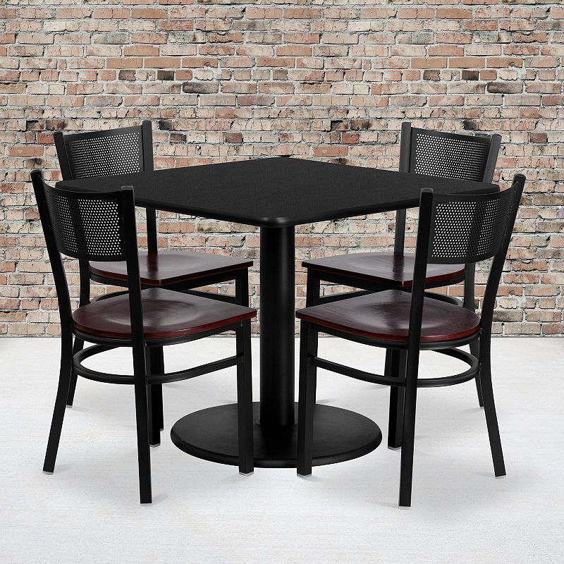 Emma and Oliver 36 Square Black Laminate Table Set， 4 Grid Back Metal Chairs