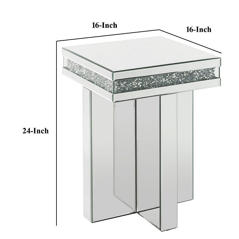 End Table with Encrusted Faux Acrylic Inlay and Cross Base， Silver