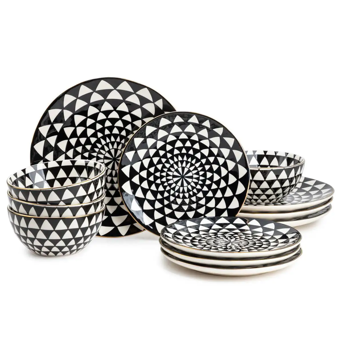 Thyme and Table Dinnerware Black and White Medallion Stoneware， 12 Piece Set