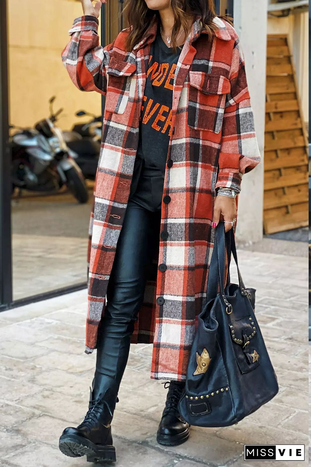 KarliDress Lapel Plaid Print Woolen Long Coat P12611