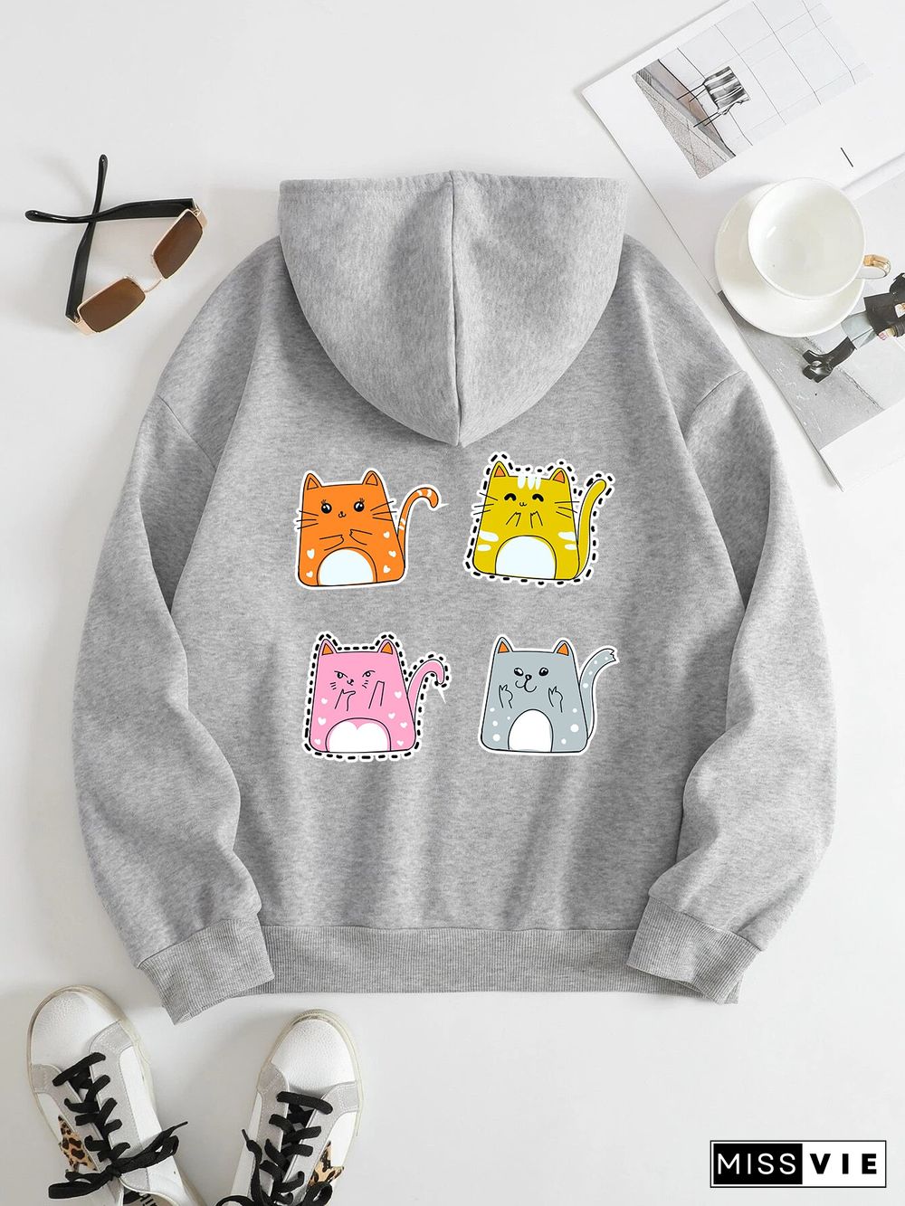 Printed on the Back Kangaroo Pocket Hoodie Long Sleeve for Women Pattern  Cartoon Cats