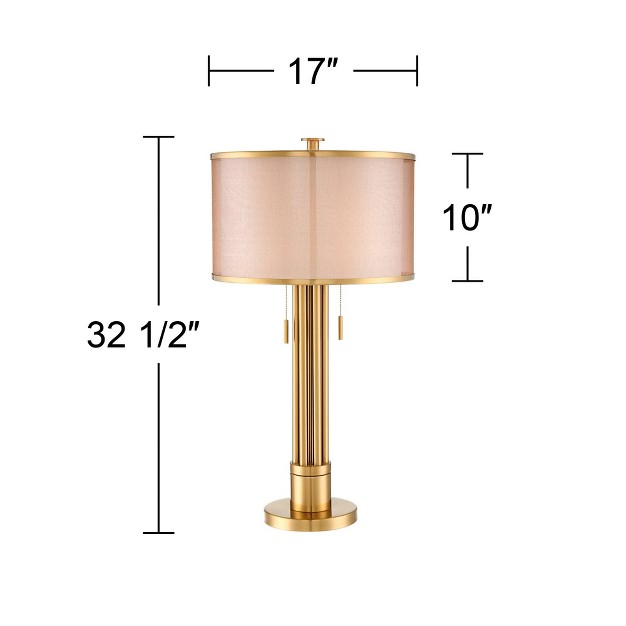 Tall Brass Column Taupe Organza Outer Off White Linen Inner Drum Shade For Bedroom Living Room