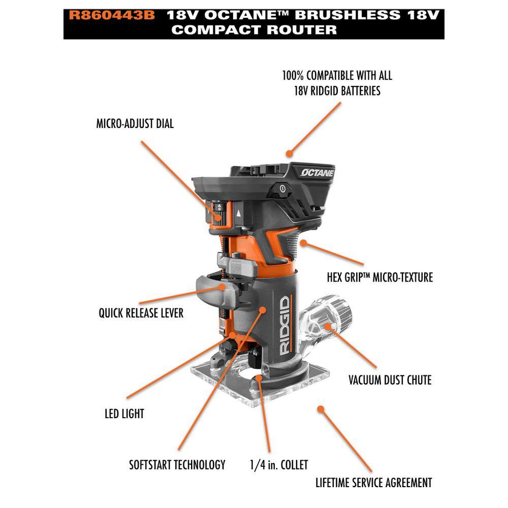 RIDGID 18V OCTANE Brushless Cordless Compact Fixed Base Router Kit w Bit Bases 18V Lithium-Ion 2.0 Ah Battery and Charger R860443B-AC9302