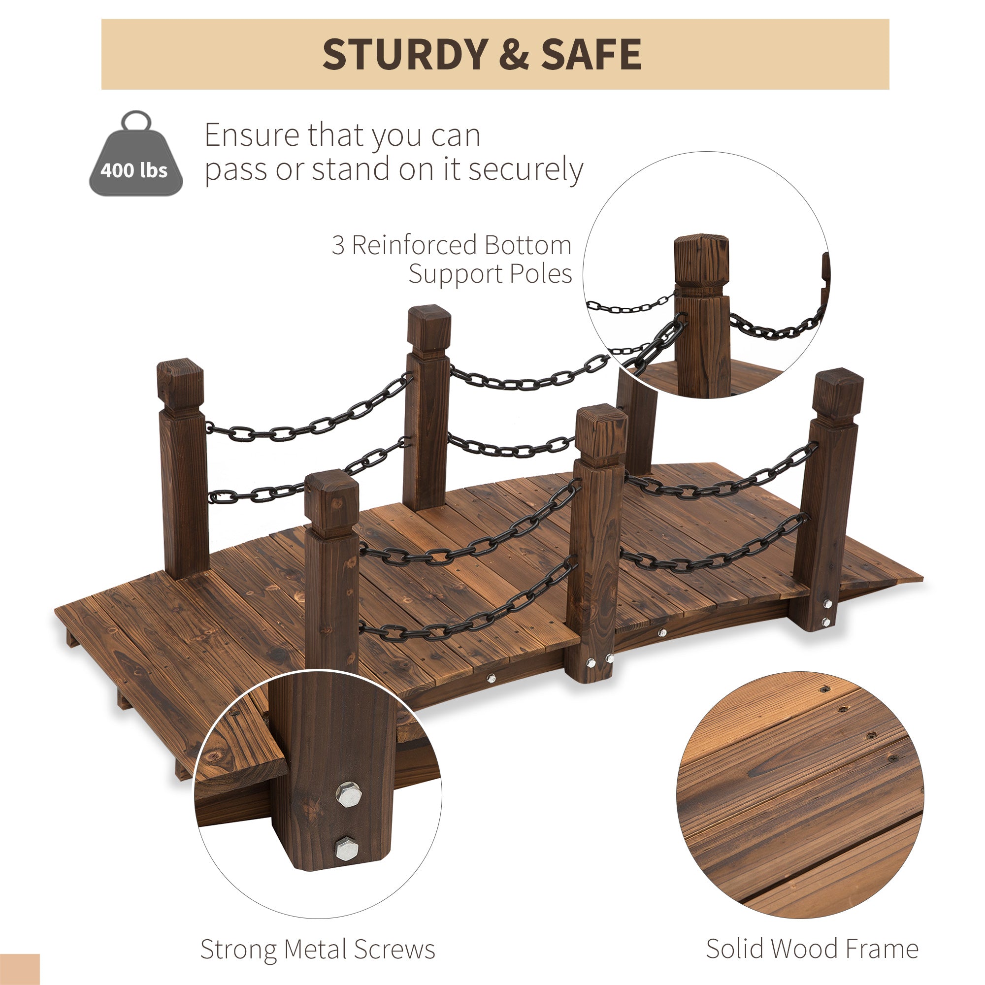 Outsunny 59" Curved Stained Wood Fir and Metal Garden Bridge