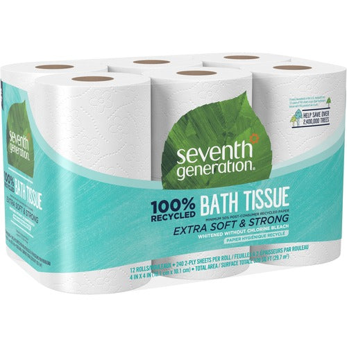 Seventh Generation 100% Recycled Bathroom Tissue - 2 Ply - 4" x 4" - 240 Sheets/Roll - White - Paper - Hypoallergenic, Dye-free, Fragrance-free, Non-chlorine Bleached - For Res | Bundle of 10 Packs