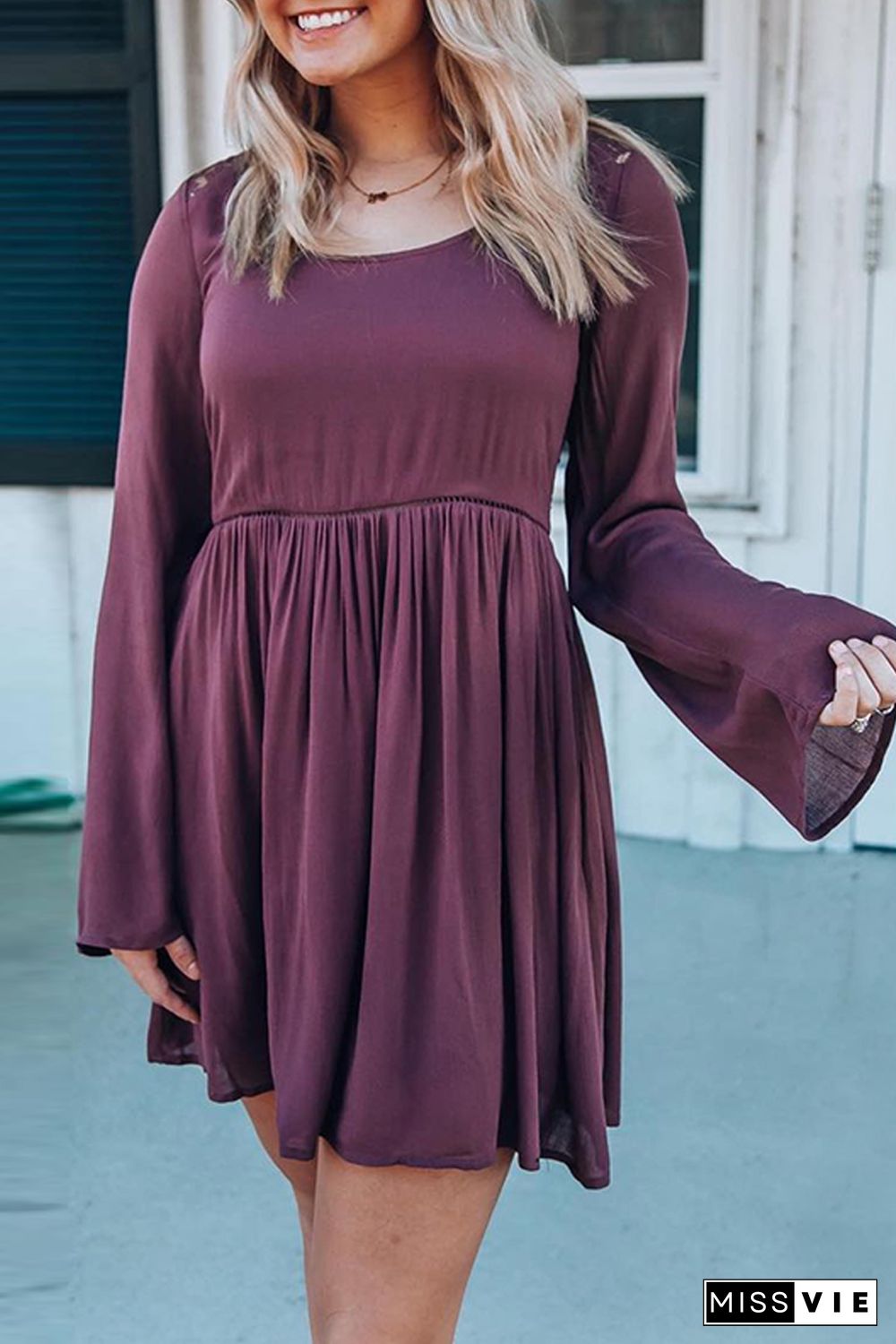 Purple Buttoned Sheer Lace Back Long Sleeve Dress