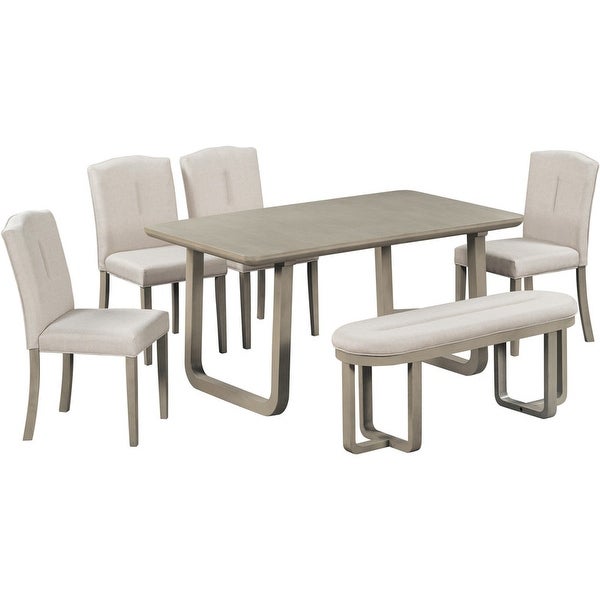 6-piece kitchen table， rectangular dining table， 4 upholstered chairs and benches， foam covered backrest and cushions