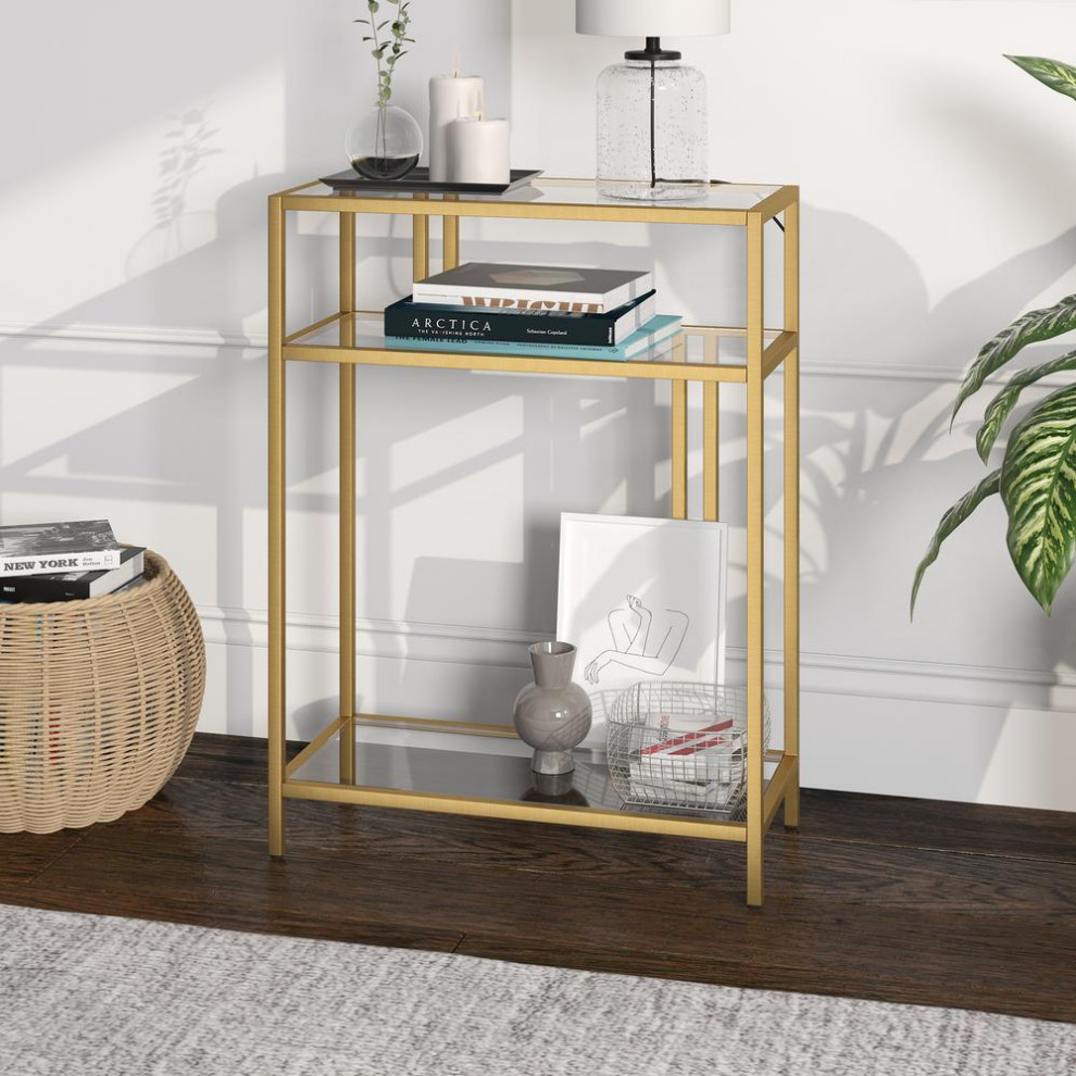 Cortland 22  x27 x27Wide Rectangular Console Table with Glass Shelves in Brass   Contemporary   Coffee Tables   by BisonOffice  Houzz