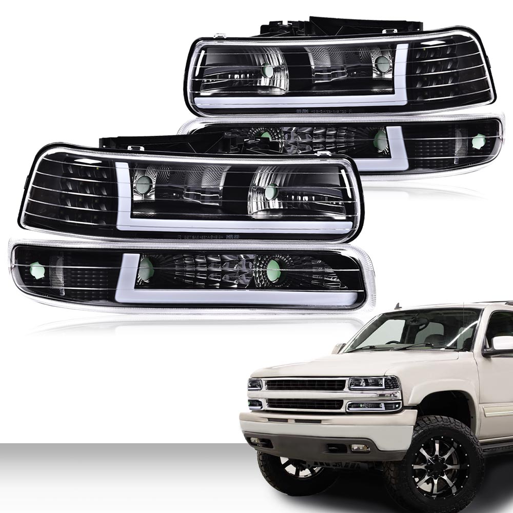 G-Plus Headlight Fit for 1999-2002 Chevrolet Silverado 1500 2500/2001-2002 Silverado 1500HD 2500HD 3500/2000-2006 Suburban Tahoe 1500 2500 LED DRL Head Lamp (Clear lens Black Housing Clear Reflector)