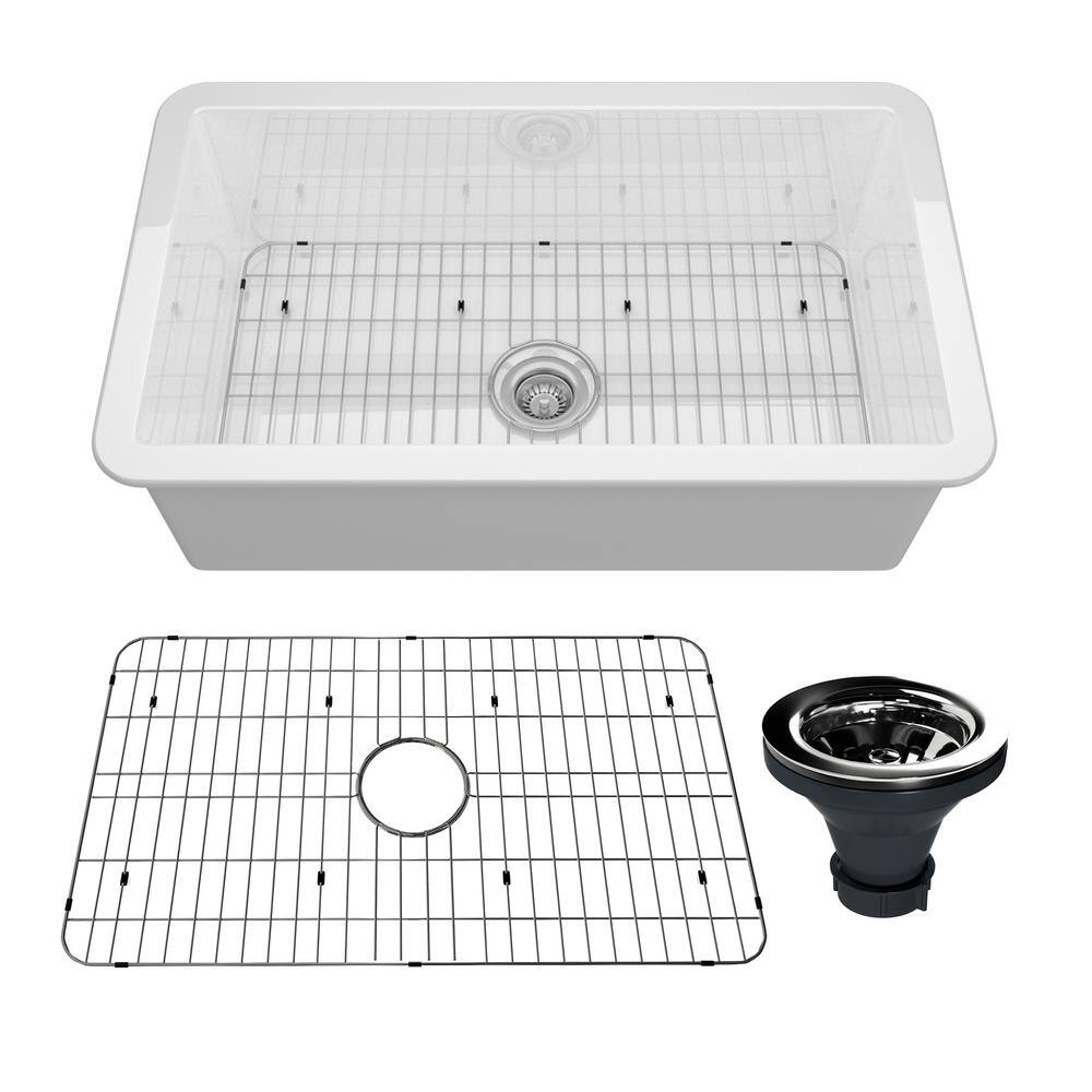 CASAINC Glossy White Fireclay 32 in. Single Bowl Undermount Kitchen Sink with Bottom Grid and Drainer CA-SN3219-W