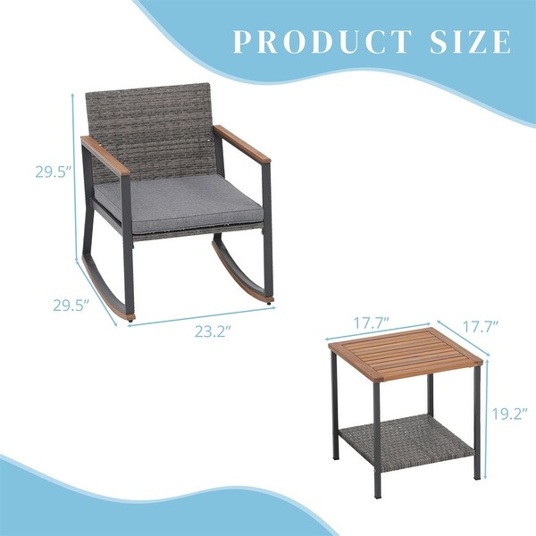 3 Pieces Rocking Wicker Bistro Set，Patio Outdoor Furniture Conversation Sets with Porch Chairs and Glass Coffee Table