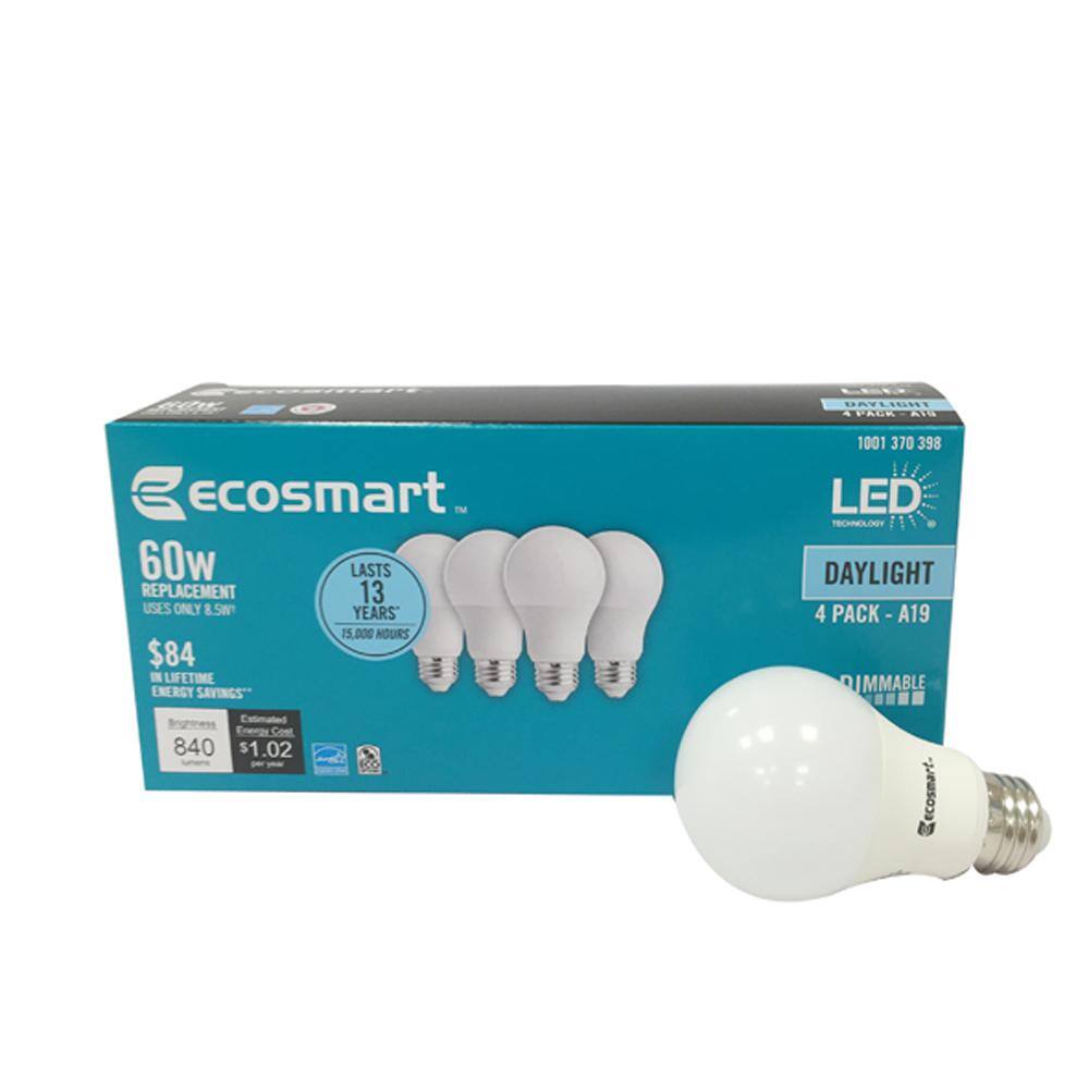 EcoSmart 60-Watt Equivalent A19 Dimmable Energy Star LED Light Bulb Daylight (4-Pack) A7A19A60WESD03