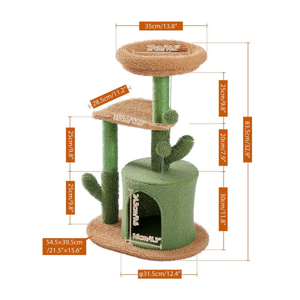 Foobrues 32.9 in. H Cactus Cat Tower with Sisal Covered Scratching Post, Cozy Condo, Plush Perches and Fluffy Balls PSL-23170833