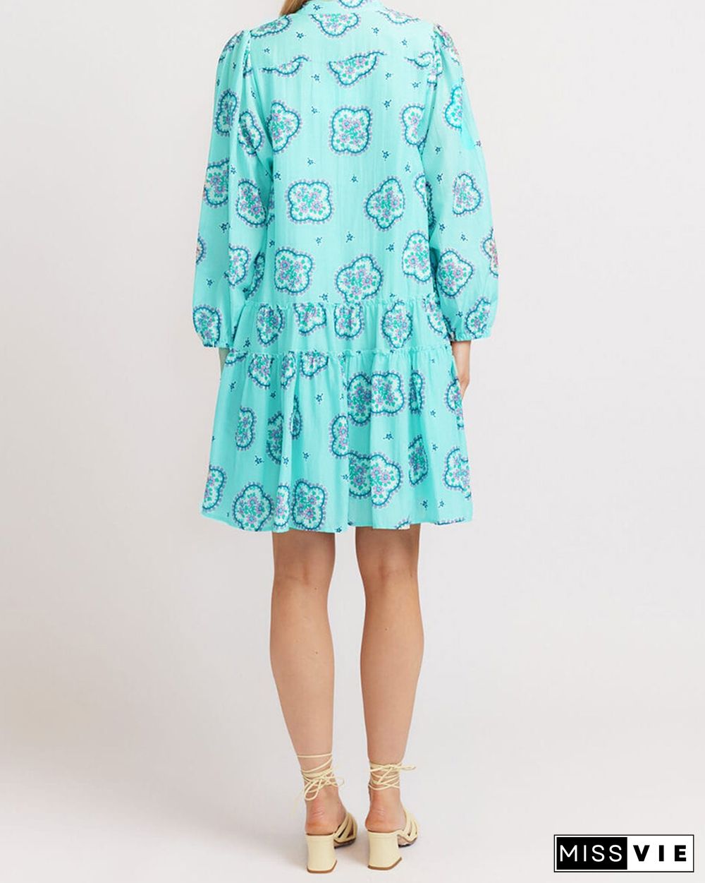 Cropped Sleeve Printed Loose Pleated Dress