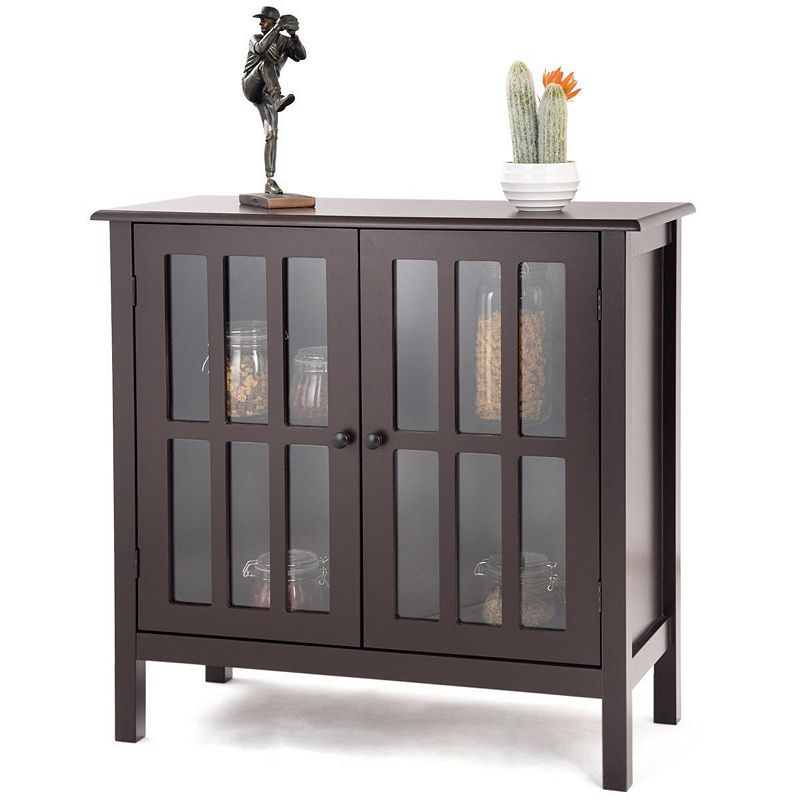 Brown Wood Sideboard Buffet Cabinet With Glass Panel Doors