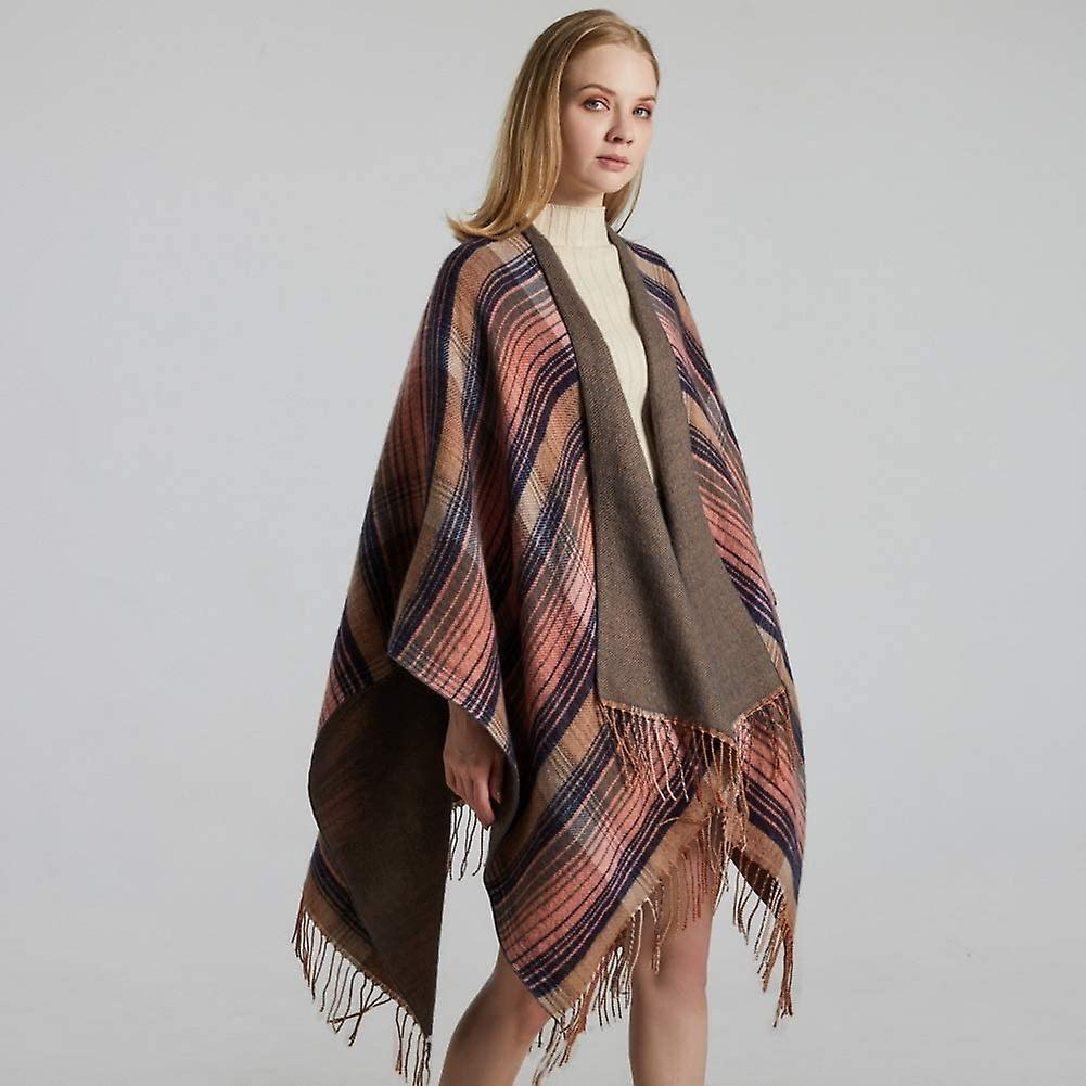 Women's Tassel Plaid Poncho Pashmina Shawl Wrap Cape Sweater Pink Blue -