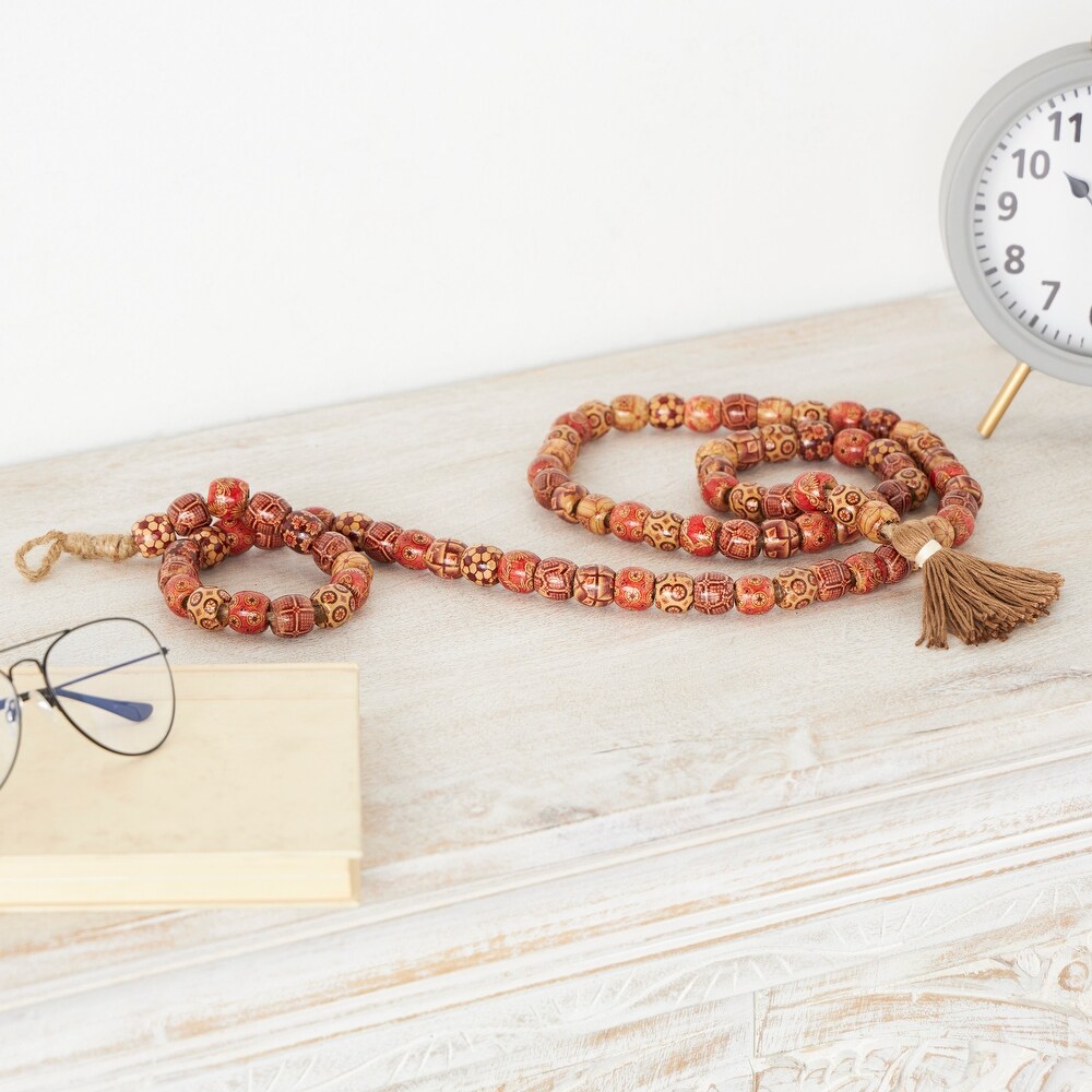 Red or Brown Wood Handmade Long Beaded Garland with Tassel with Bohemian Patterns