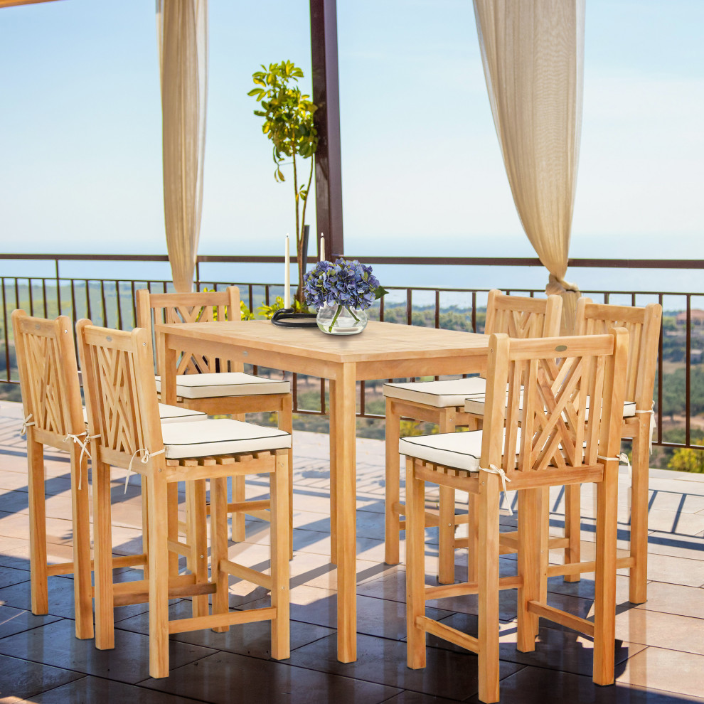 7 Piece Teak Wood Chippendale 55 quotRectangular Bistro Bar Set  6 Bar Chairs   Transitional   Outdoor Pub And Bistro Sets   by Chic Teak  Houzz