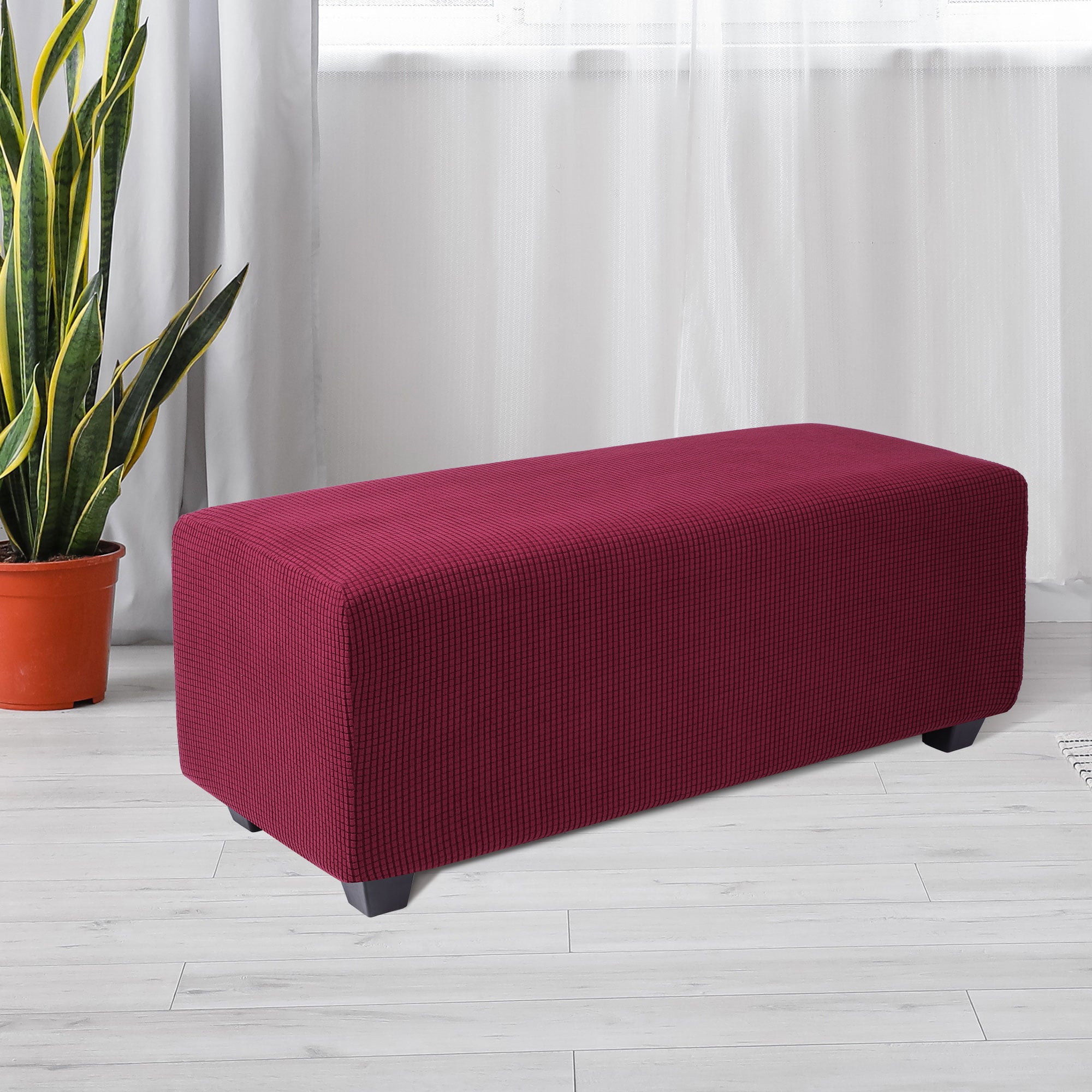 PiccoCasa Stretch Ottoman Slipcover Jacquard Rectangle Footstool Cover Burgundy Small