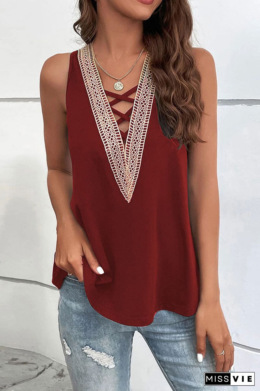 Plain V Neck Lace Edge Strappy Tank Top