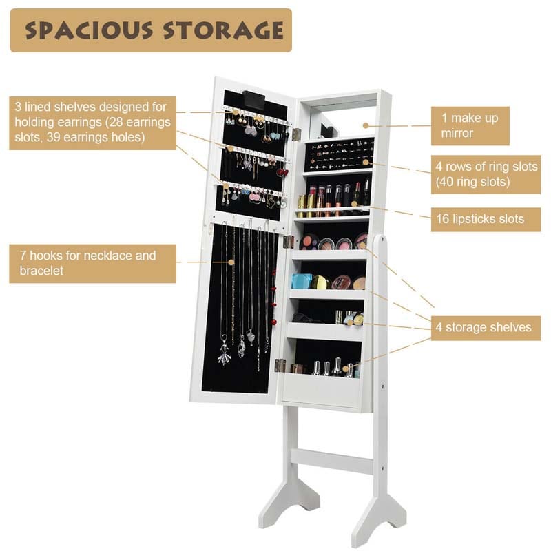 18 LEDs Large Standing Jewelry Armoire Cabinet Makeup Mirror with Full-Length Mirror 16 Lipstick Holder