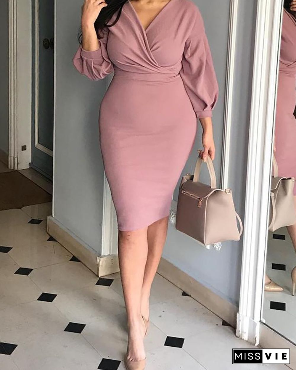 Lantern Sleeve Ruched Bodycon Dress P13058