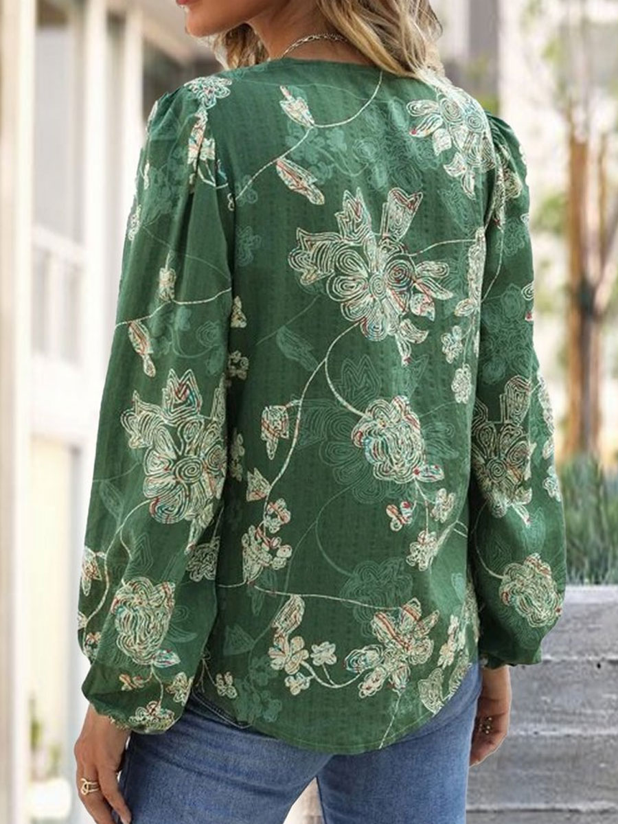 V-neck Loose Casual Embroidered Long Sleeve Blouse