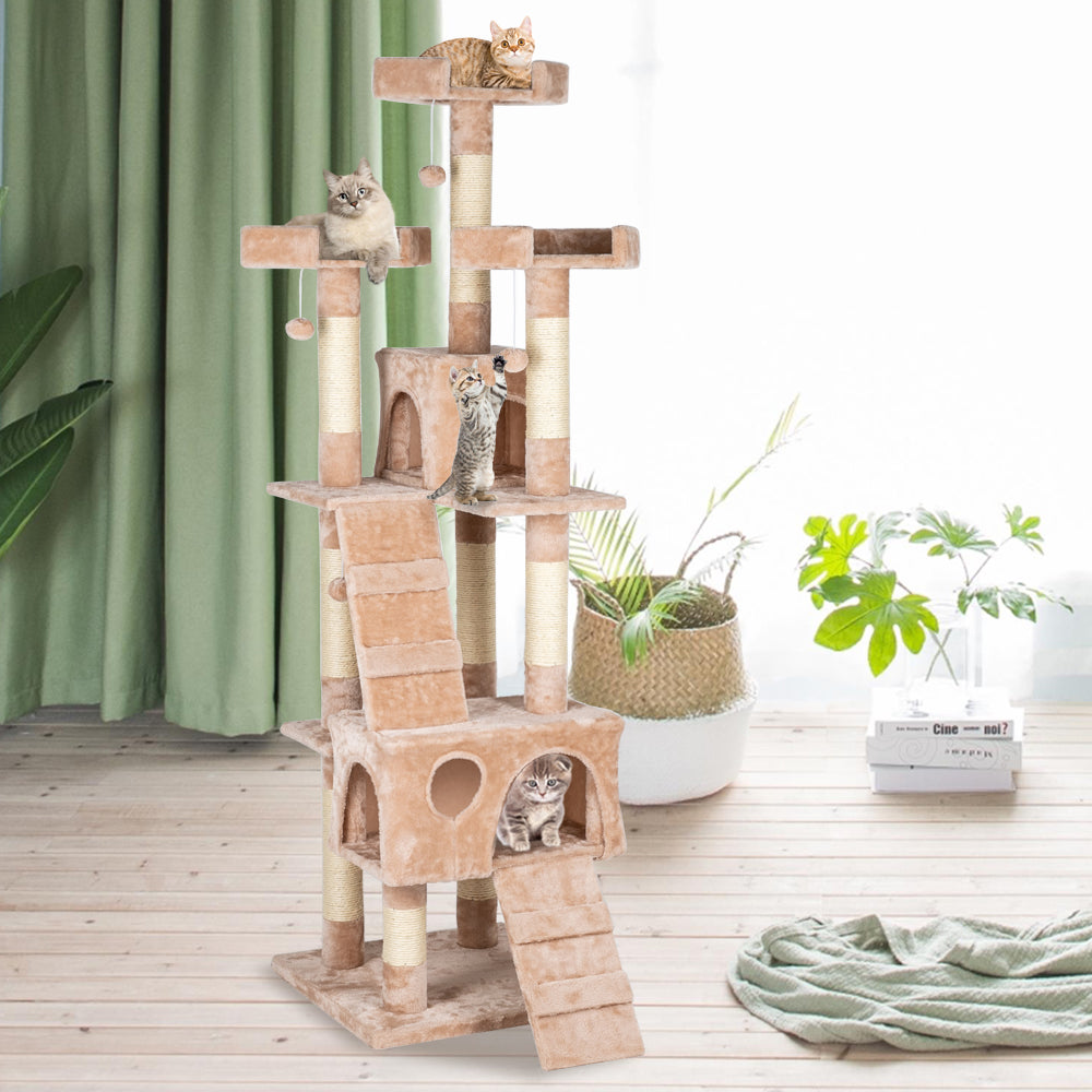 Pefilos 66" Cat Tree, Multi-Level Play House Climber Activity Centre, Cat Tower Stand Furniture with Scratching Posts Dangling Ball, Cat Condo for Kittens Cats and Pet, Beige