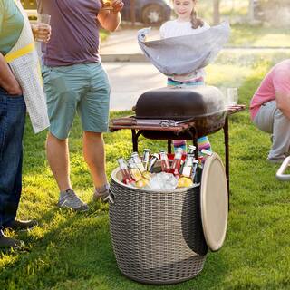 Gymax 12-Gal Patio Ice Cooler Bucket Cool Bar Table Cocktail Side Table wLid Brown GYM07137