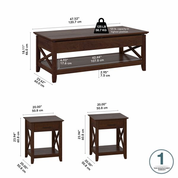 Bush Furniture Key West Lift Top Coffee Table Desk with End Tables in Bing Cherry