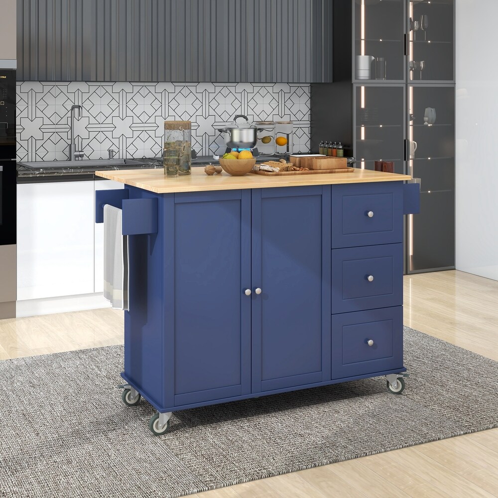 Rolling Mobile Kitchen Island with Drop Leaf   Solid Wood Top  Locking Wheels   Storage Cabinet and 3 Drawers