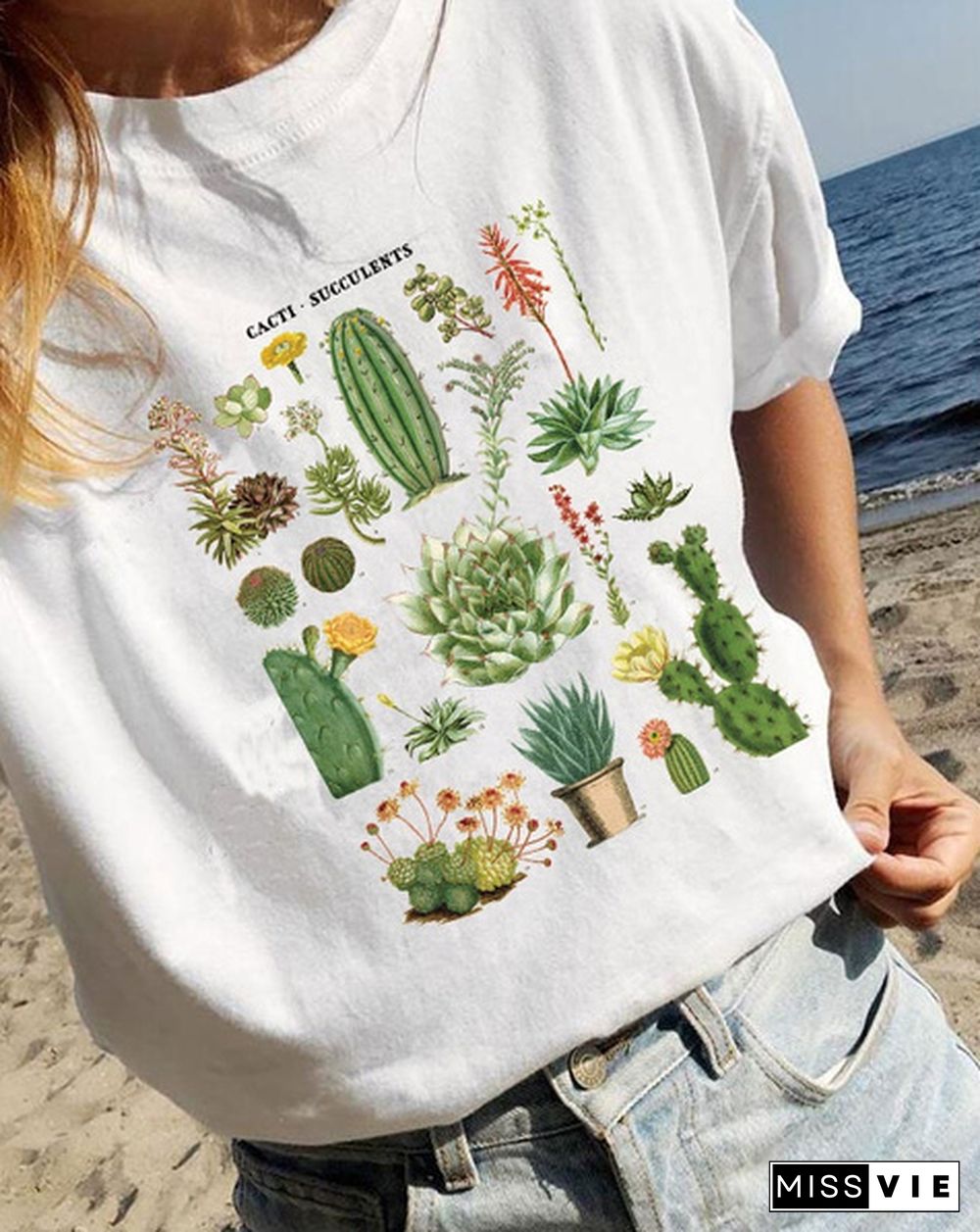 Women Vintage Fashion Arizona Cactus Succulents T-Shirt Desert Graphic Tee Aesthetic Cute White Top