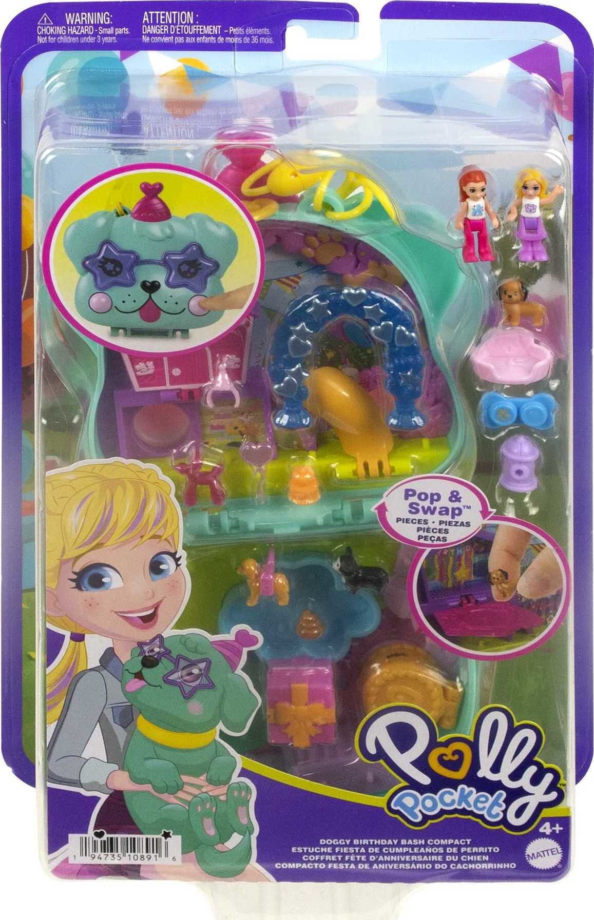 Polly Pocket Doggy Birthday Bash Compact Playset with 2 Micro Dolls and Accessories, Travel Toys