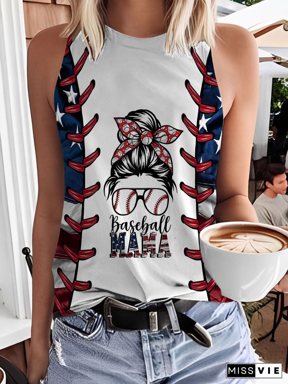 Baseball Mama Flag Print Tank Top