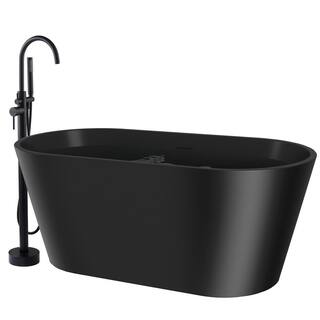 AKDY 60 in. Fiberglass Freestanding Flat Bottom Non-Whirlpool Bathtub in Matte Black with Tub Filler Combo BT0600-2-42