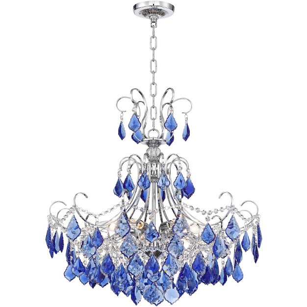 Wide French Blue Crystal 6 light Fixture For Dining Room House Foyer Kitchen Island Entryway Bedroom