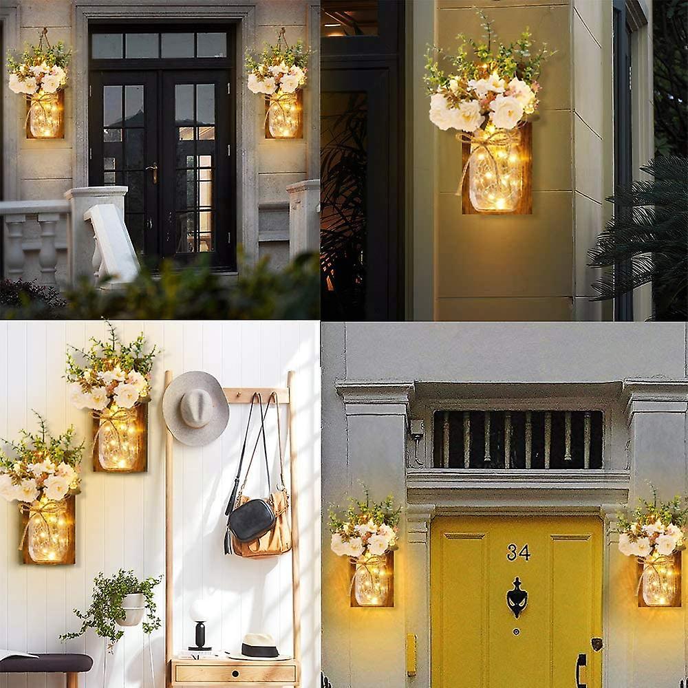 Rustic Wall Sconces Hanging Mason Jar Wall Light With Wrought Iron Led Hooks Strips Lights Battery Operated For Home Garden Christmas Decoration (set