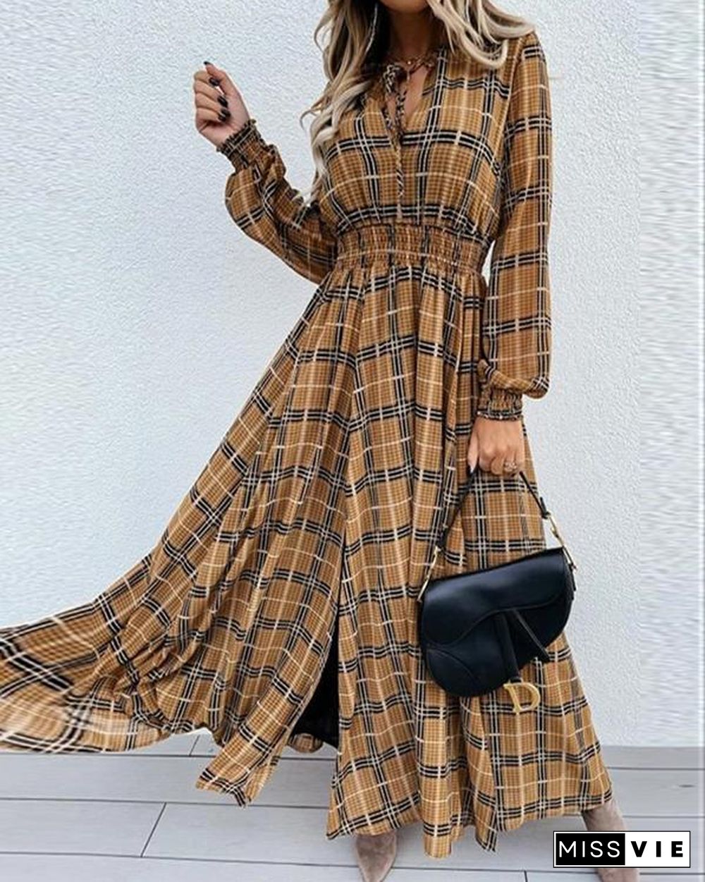 Emprie Waist Plaid Long Sleeve Maxi Dress