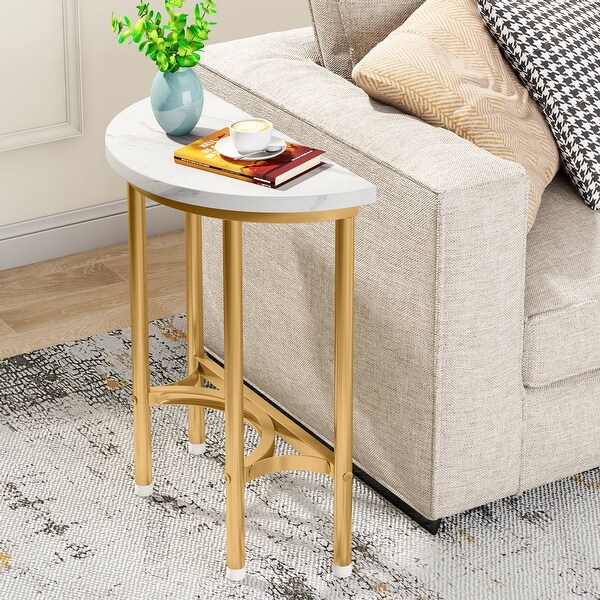 Faux Marble End Table Semi Circle， 20'' Small Half Round Side Tables with Base Metal Legs