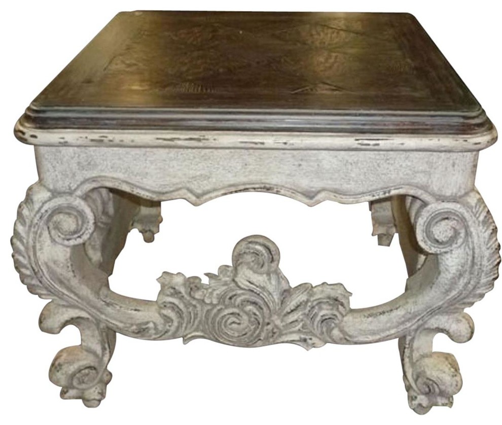 End Table Baroque Rococo Carved  Distressed White Wood  Oak Parquet   French Country   Side Tables And End Tables   by EuroLuxHome  Houzz