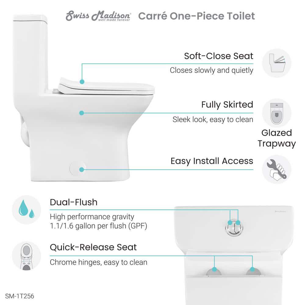 Swiss Madison Carre 1Piece 08128 GPF Dual Flush Square Toilet in White Seat Included