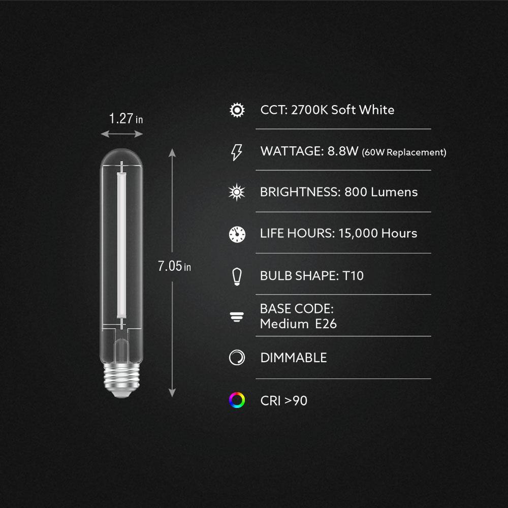 Feit Electric 60-Watt Equivalent T10L Dimmable Straight White Filament Clear Vintage Edison LED Light Bulb Soft White 2700K (4-Pack) T10L60CL927CAWFHDRP4