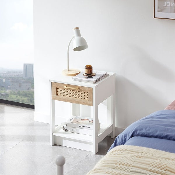 Rectangle MDF Rattan End Table with Drawer Modern Nightstand Side Table - 15.75*15.75