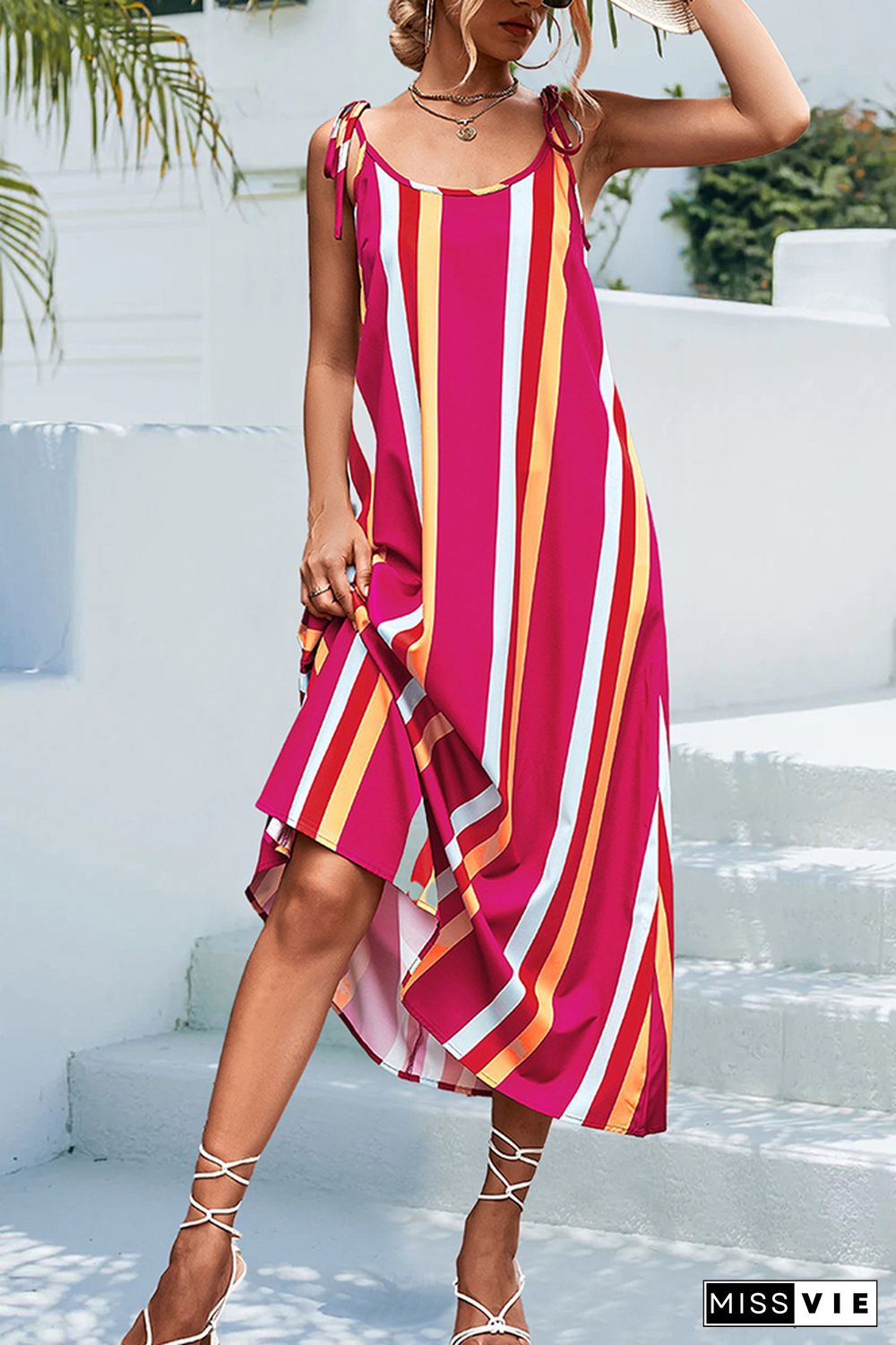 Stripes Splicing Colorblock Spaghetti Dress