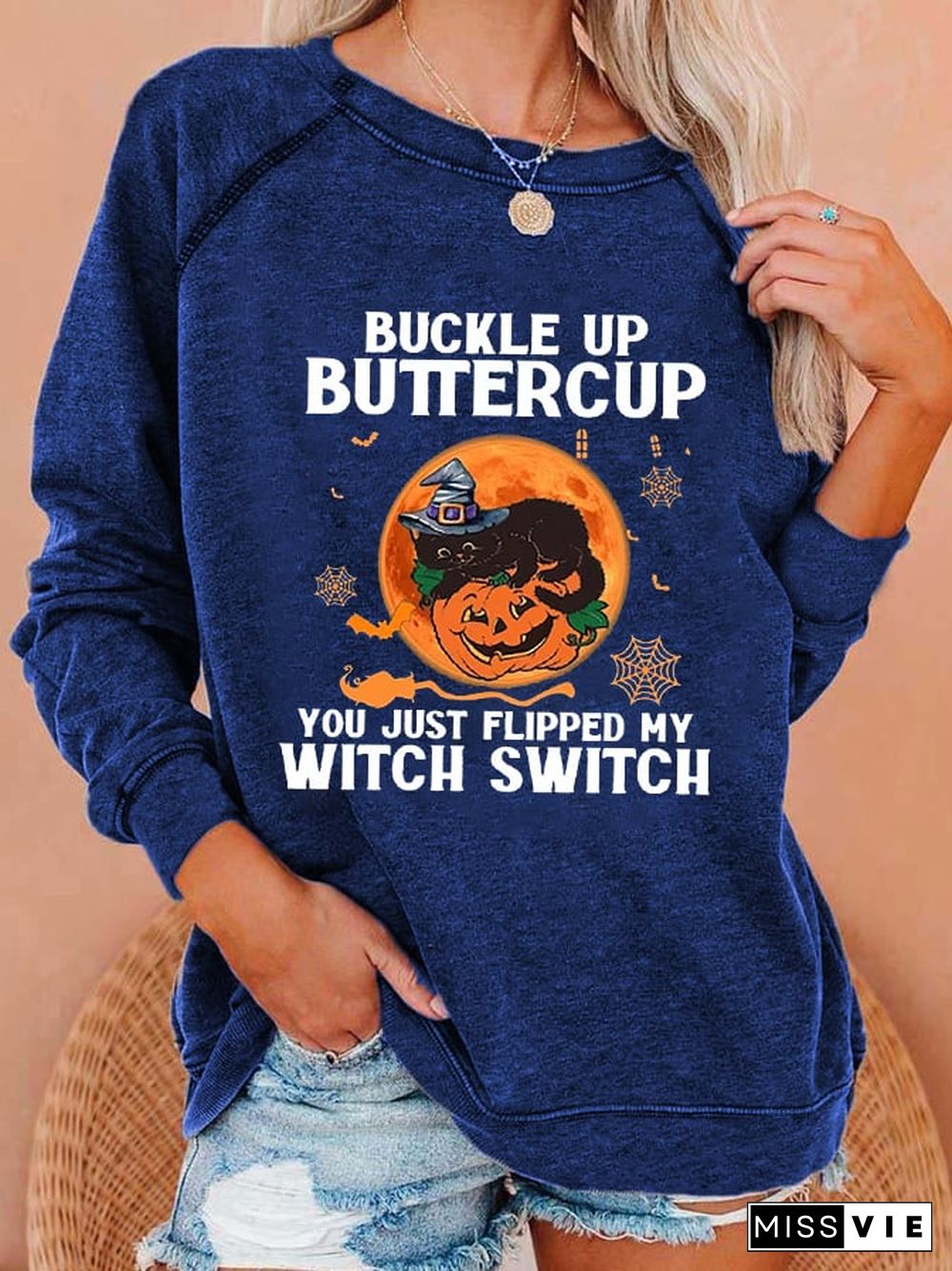 Women's Funny Halloween Buckle Up Buttercup You Just Flipped My Witch Sweatshirt