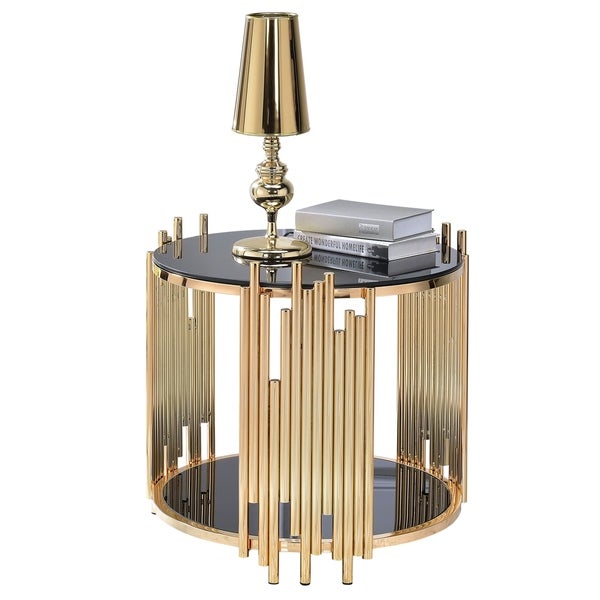 Modern Metal and Glass End Table with Tubing Design， Black and Gold