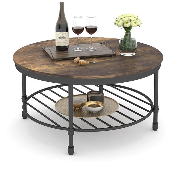 2-Tier Round Coffee Table， Industrial Coffee Table for Living Room， Wooden Tabletop Rustic Steel Accent Table