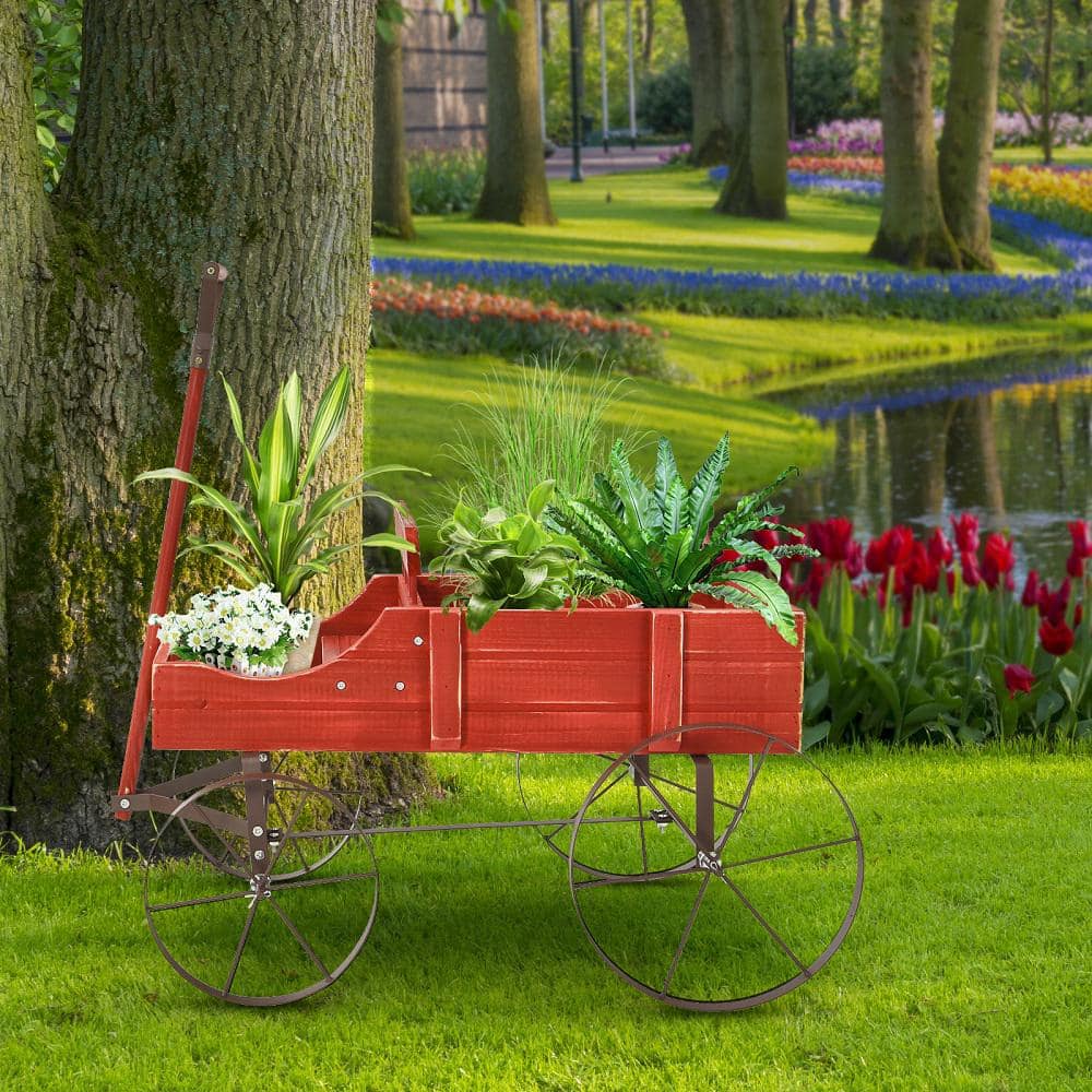 HONEY JOY Wooden Garden Flower Planter Wagon Wheel Plant Bed Decorative Garden Planter for Backyard Garden Red TOPB004891