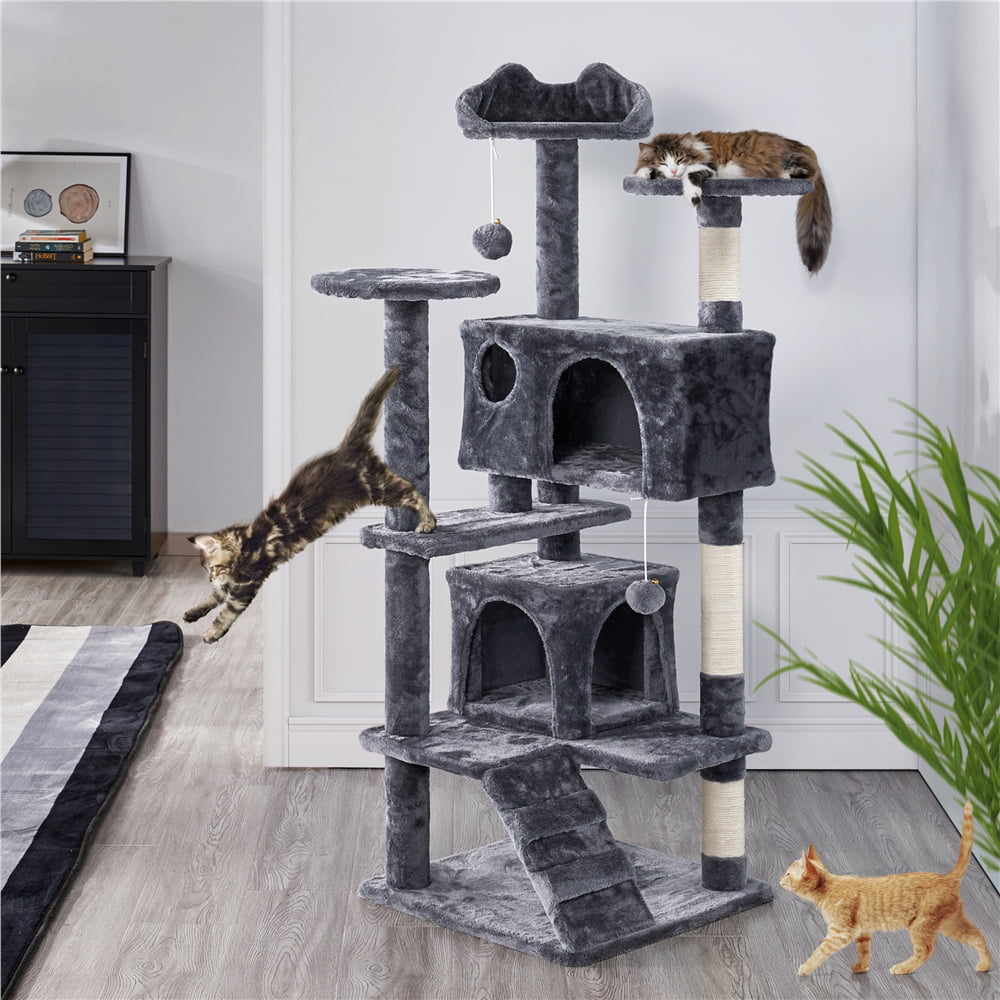 Topeakmart 54.5''H Cat Tree Tower Condo Scratching Post Tower， Dark Gray